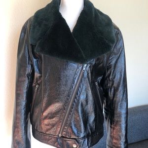 Moto Puffer Jacket with Jewel Green Faux Fur
